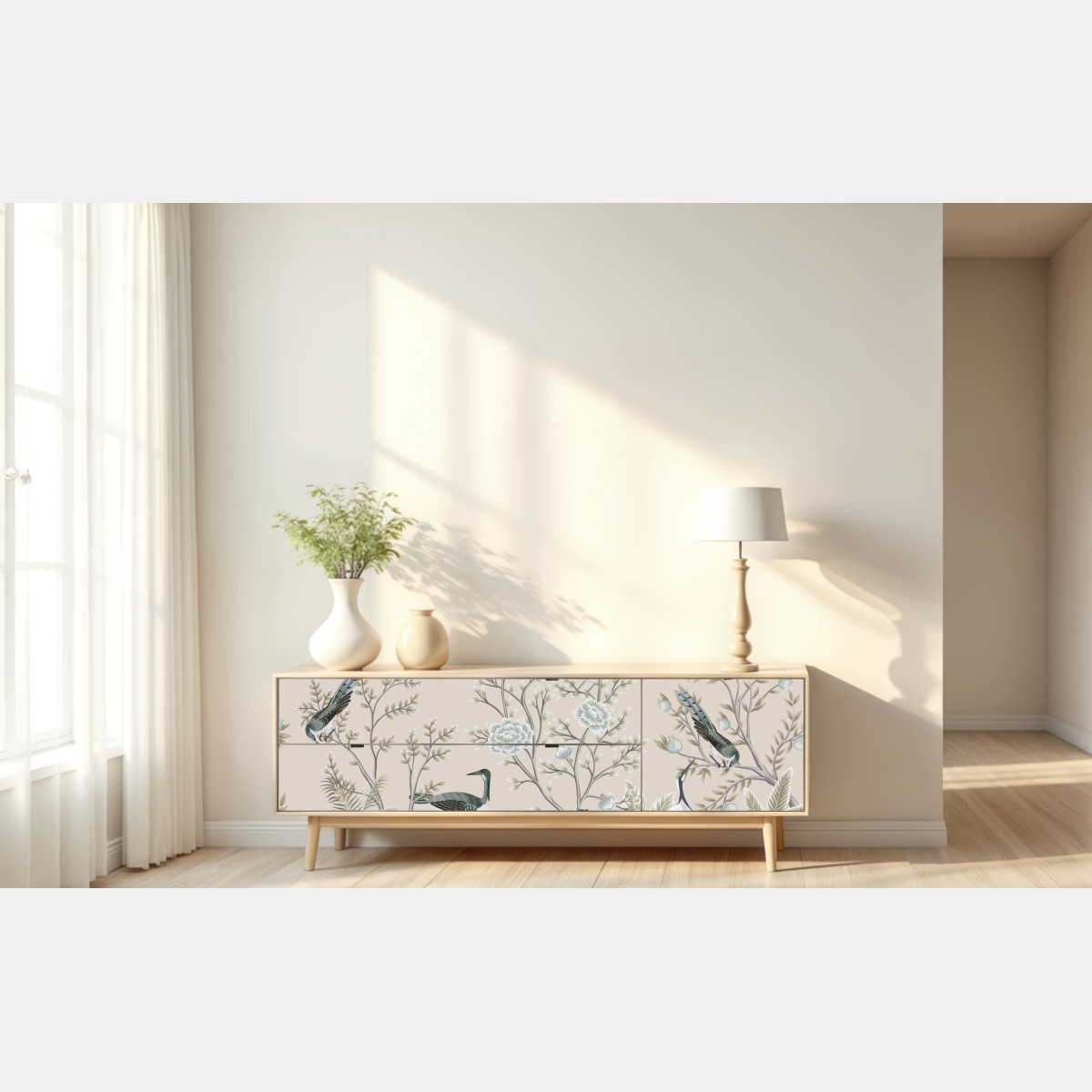 Naklejka repozycjonowalna eleganckie ptaki i kwitnące gałęzie – Wallissimo® Naklejka repozycjonowalna eleganckie ptaki i kwitnące gałęzie – Wallissimo®