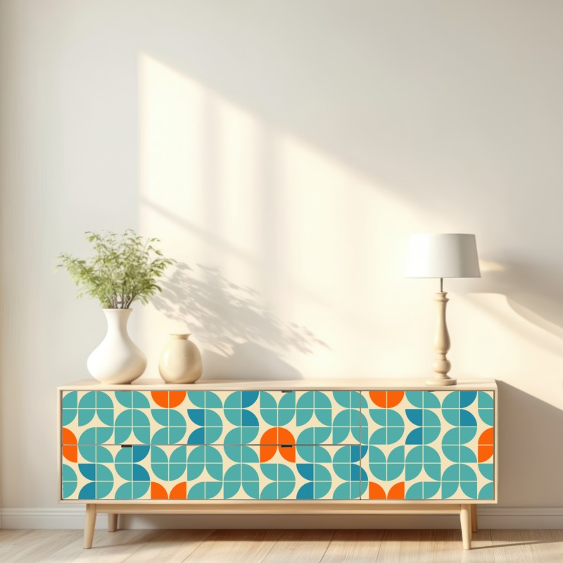 Naklejka repozycjonowalna retro geometryczny wzór kafelkowy w turkusie i pomarańczy – Wallissimo® Naklejka repozycjonowalna retro geometryczny wzór kafelkowy w turkusie i pomarańczy – Wallissimo®