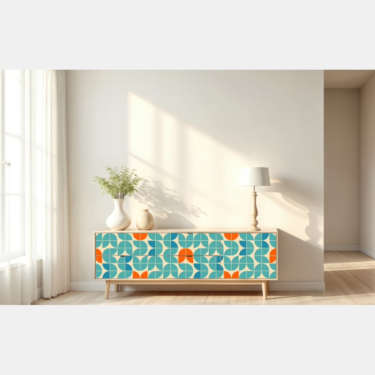 Naklejka repozycjonowalna retro geometryczny wzór kafelkowy w turkusie i pomarańczy – Wallissimo® Naklejka repozycjonowalna retro geometryczny wzór kafelkowy w turkusie i pomarańczy – Wallissimo®