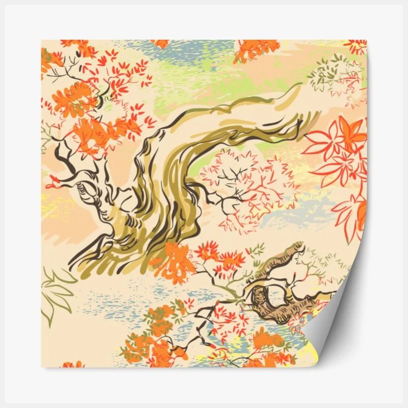 Naklejka repozycjonowalna orientalny wzór z drzewami i liśćmi