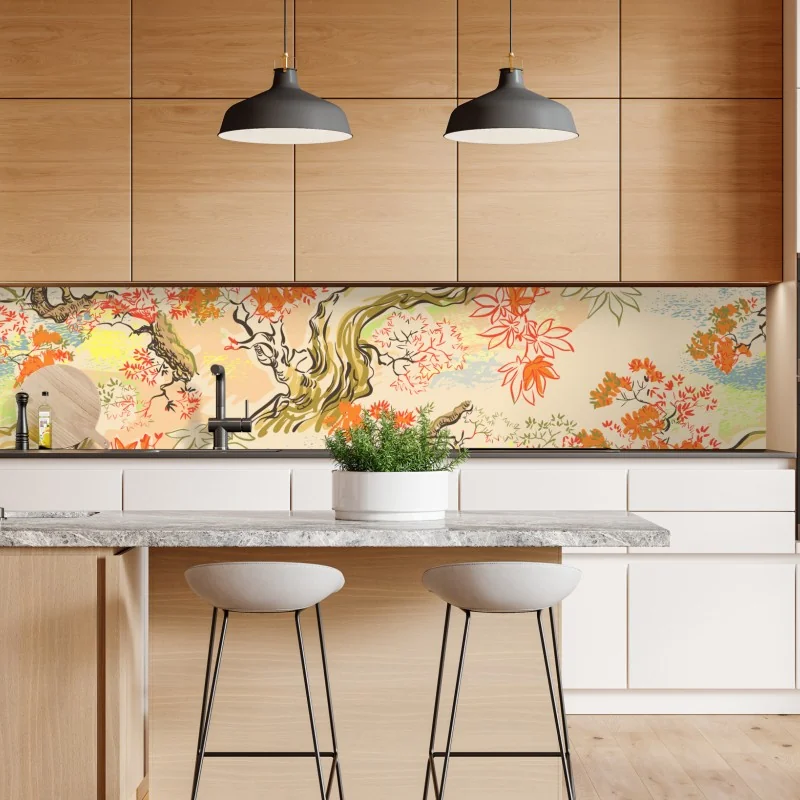 Naklejka repozycjonowalna orientalny wzór z drzewami i liśćmi – Wallissimo® Naklejka repozycjonowalna orientalny wzór z drzewami i liśćmi – Wallissimo®