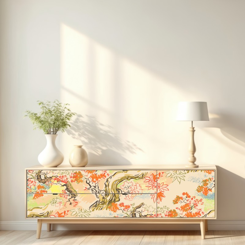 Naklejka repozycjonowalna orientalny wzór z drzewami i liśćmi – Wallissimo® Naklejka repozycjonowalna orientalny wzór z drzewami i liśćmi – Wallissimo®