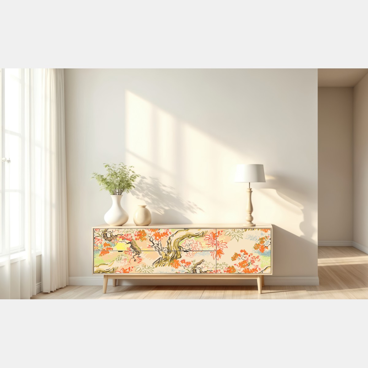 Naklejka repozycjonowalna orientalny wzór z drzewami i liśćmi – Wallissimo® Naklejka repozycjonowalna orientalny wzór z drzewami i liśćmi – Wallissimo®