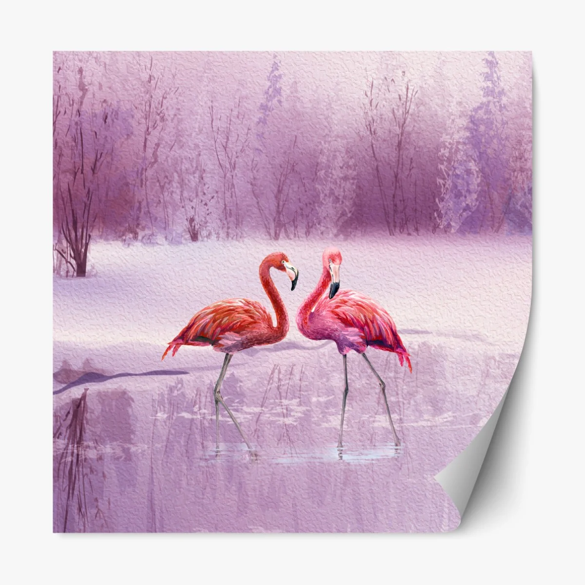 Naklejka repozycjonowalna pastelowe flamingi na zimowym jeziorze – Wallissimo® Naklejka repozycjonowalna pastelowe flamingi na zimowym jeziorze – Wallissimo®