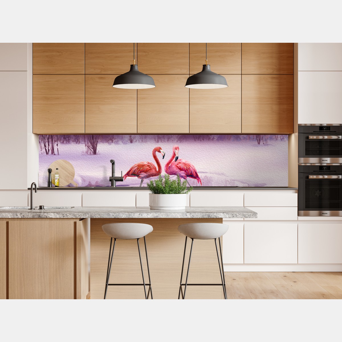 Naklejka repozycjonowalna pastelowe flamingi na zimowym jeziorze – Wallissimo® Naklejka repozycjonowalna pastelowe flamingi na zimowym jeziorze – Wallissimo®