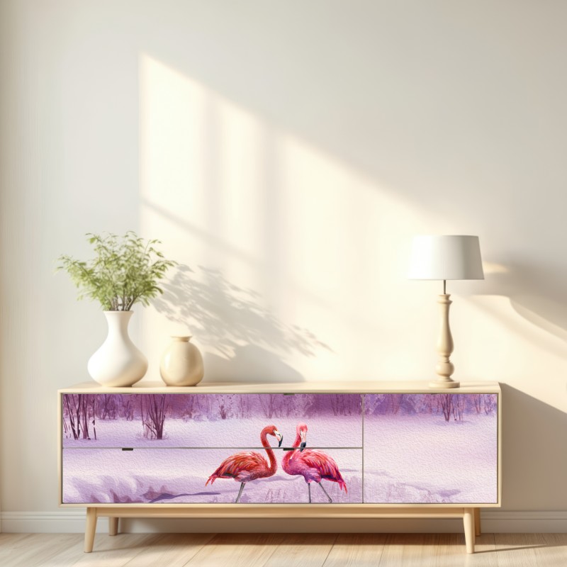 Naklejka repozycjonowalna pastelowe flamingi na zimowym jeziorze – Wallissimo® Naklejka repozycjonowalna pastelowe flamingi na zimowym jeziorze – Wallissimo®