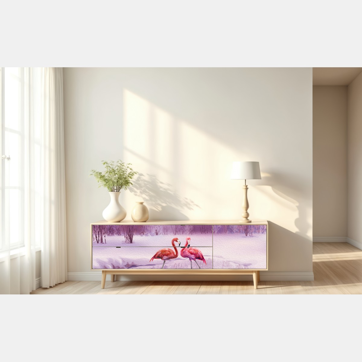 Naklejka repozycjonowalna pastelowe flamingi na zimowym jeziorze – Wallissimo® Naklejka repozycjonowalna pastelowe flamingi na zimowym jeziorze – Wallissimo®