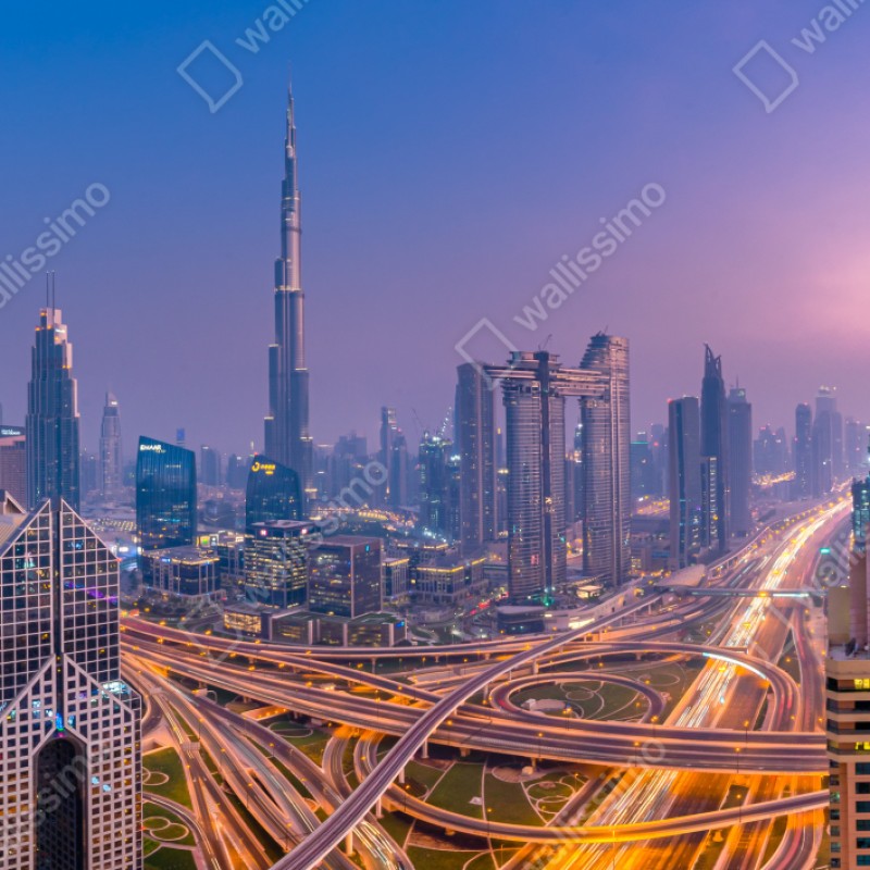 Naklejka repozycjonowalna panoramiczny widok Dubaju o zmierzchu – Wallissimo® Naklejka repozycjonowalna panoramiczny widok Dubaju o zmierzchu – Wallissimo®