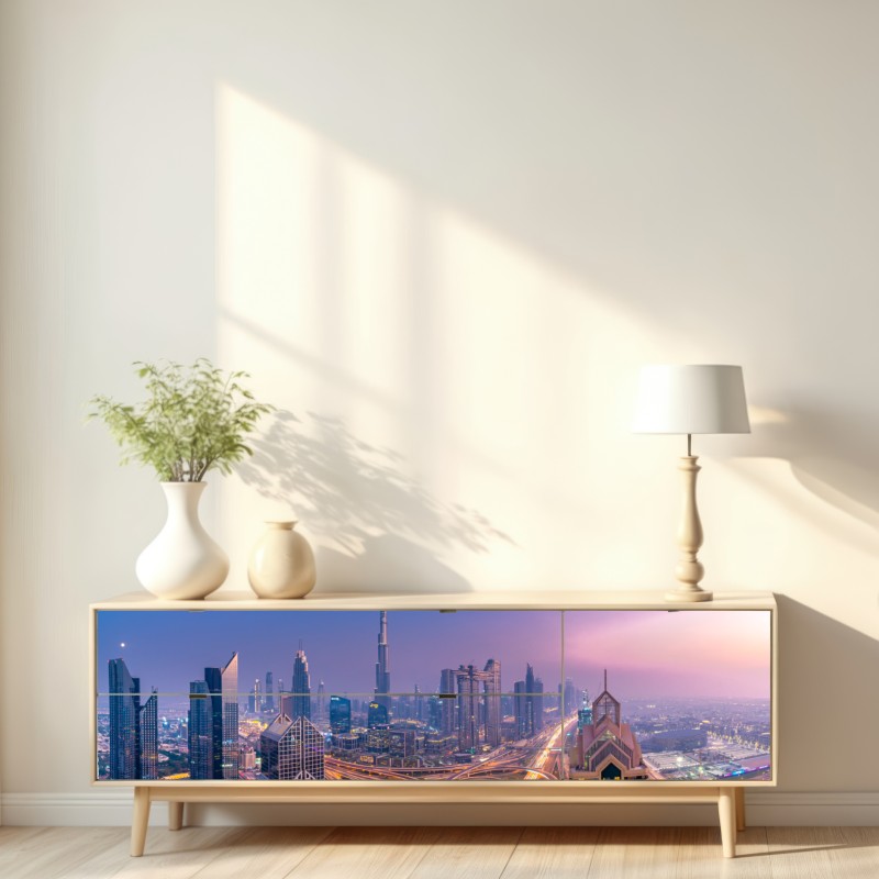 Naklejka repozycjonowalna panoramiczny widok Dubaju o zmierzchu – Wallissimo® Naklejka repozycjonowalna panoramiczny widok Dubaju o zmierzchu – Wallissimo®