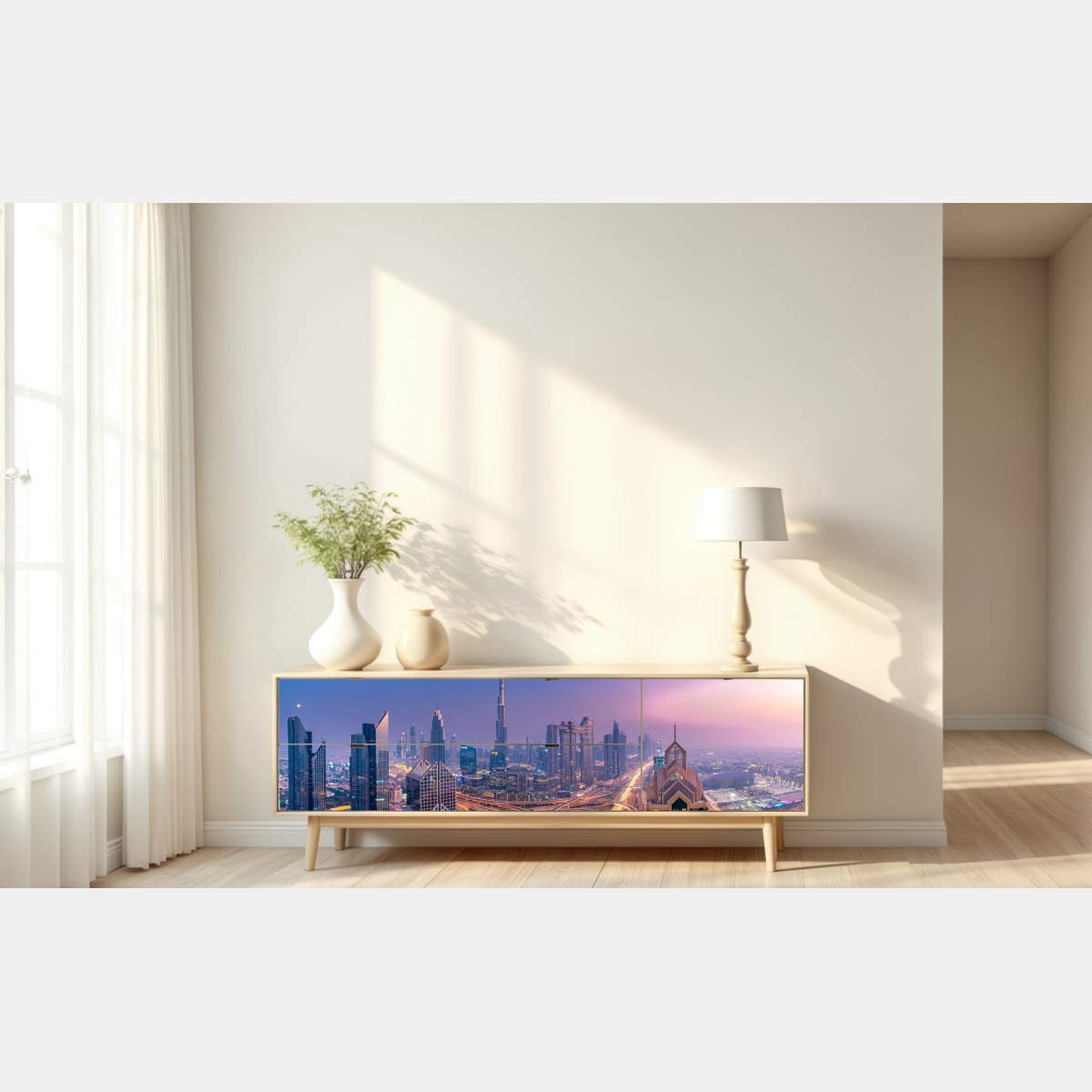 Naklejka repozycjonowalna panoramiczny widok Dubaju o zmierzchu – Wallissimo® Naklejka repozycjonowalna panoramiczny widok Dubaju o zmierzchu – Wallissimo®