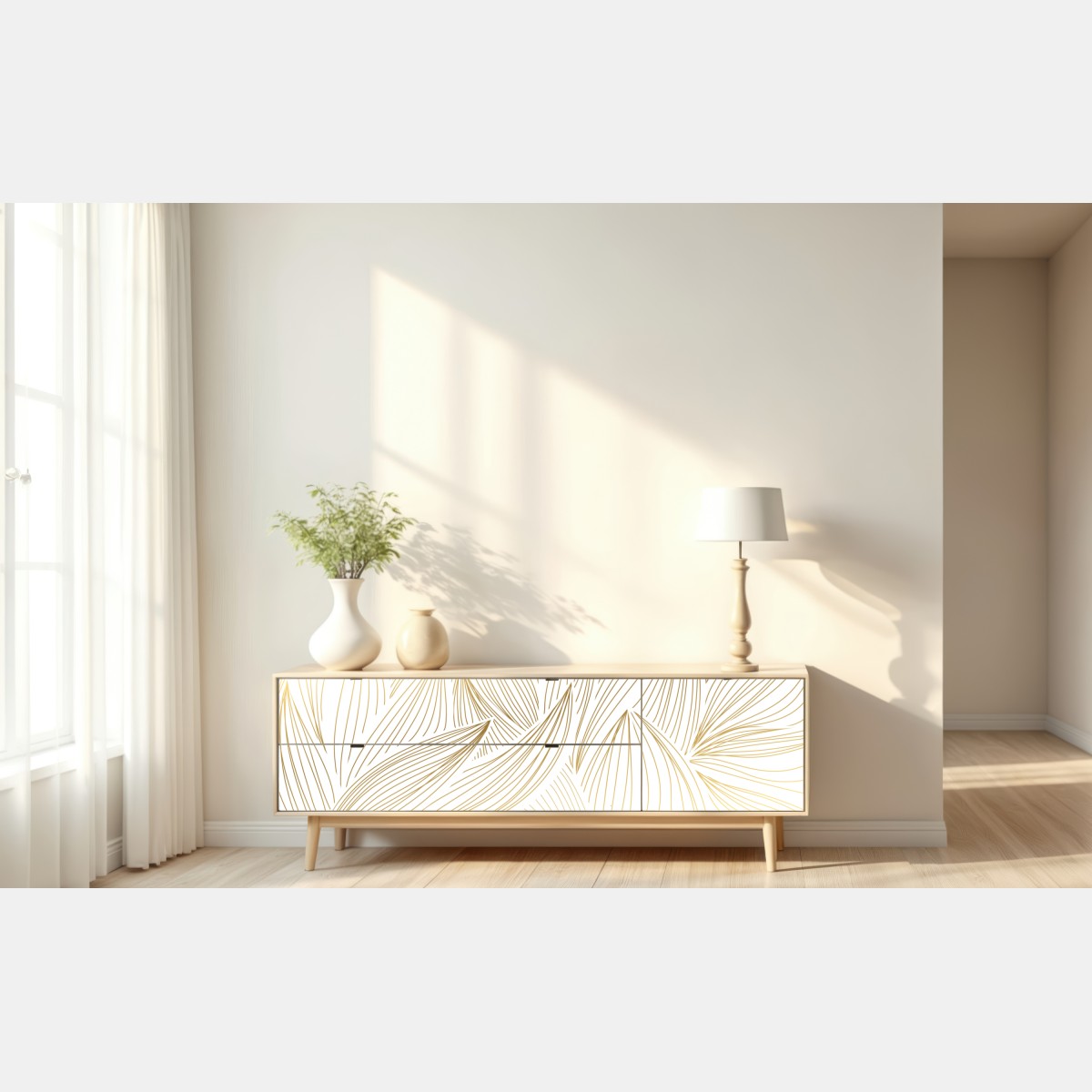 Naklejka repozycjonowalna złote liście w liniowej grafice – Wallissimo® Naklejka repozycjonowalna złote liście w liniowej grafice – Wallissimo®