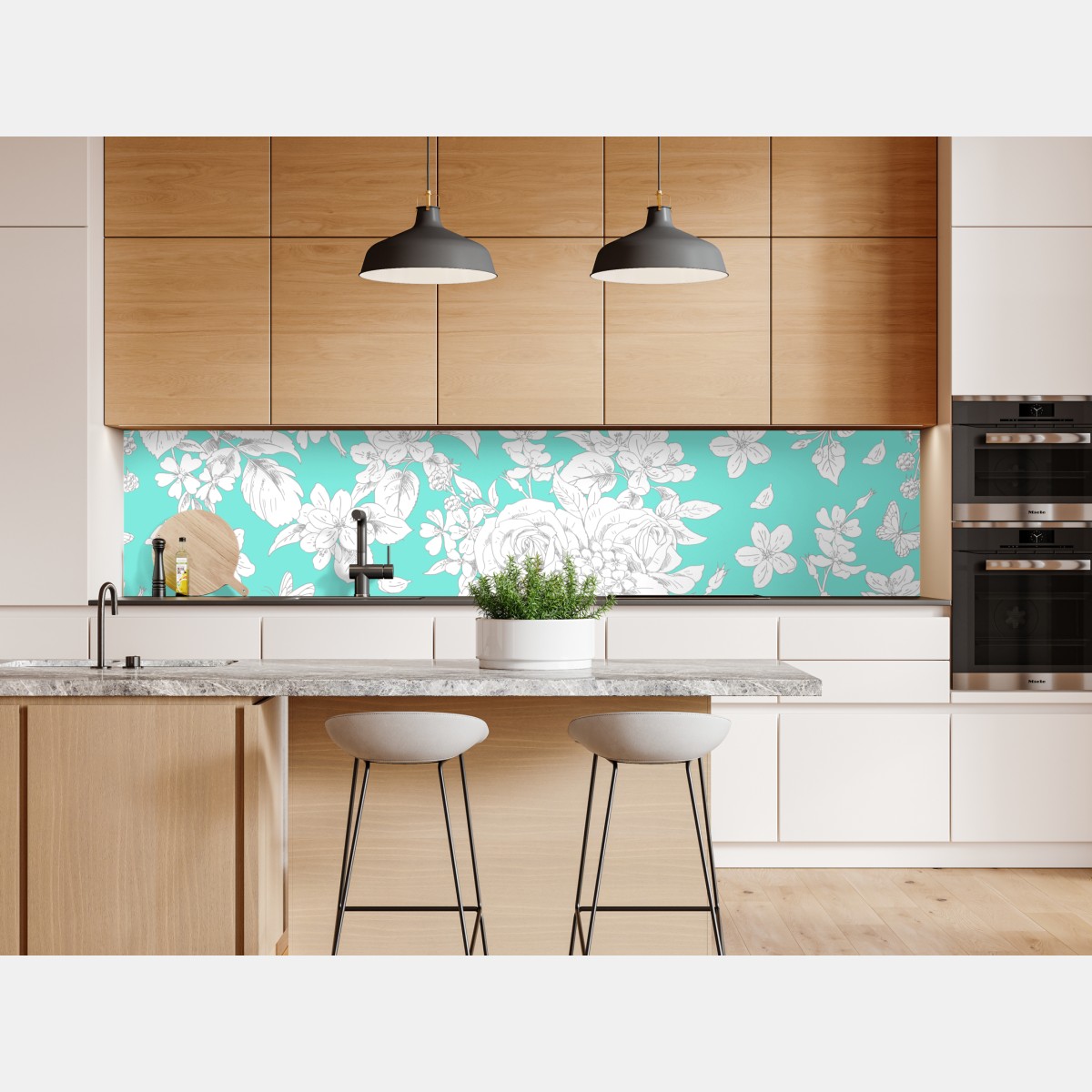 Naklejka repozycjonowalna turkusowy wzór botaniczny z kwiatami – Wallissimo® Naklejka repozycjonowalna turkusowy wzór botaniczny z kwiatami – Wallissimo®