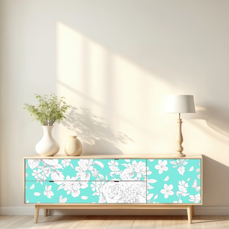Naklejka repozycjonowalna turkusowy wzór botaniczny z kwiatami – Wallissimo® Naklejka repozycjonowalna turkusowy wzór botaniczny z kwiatami – Wallissimo®