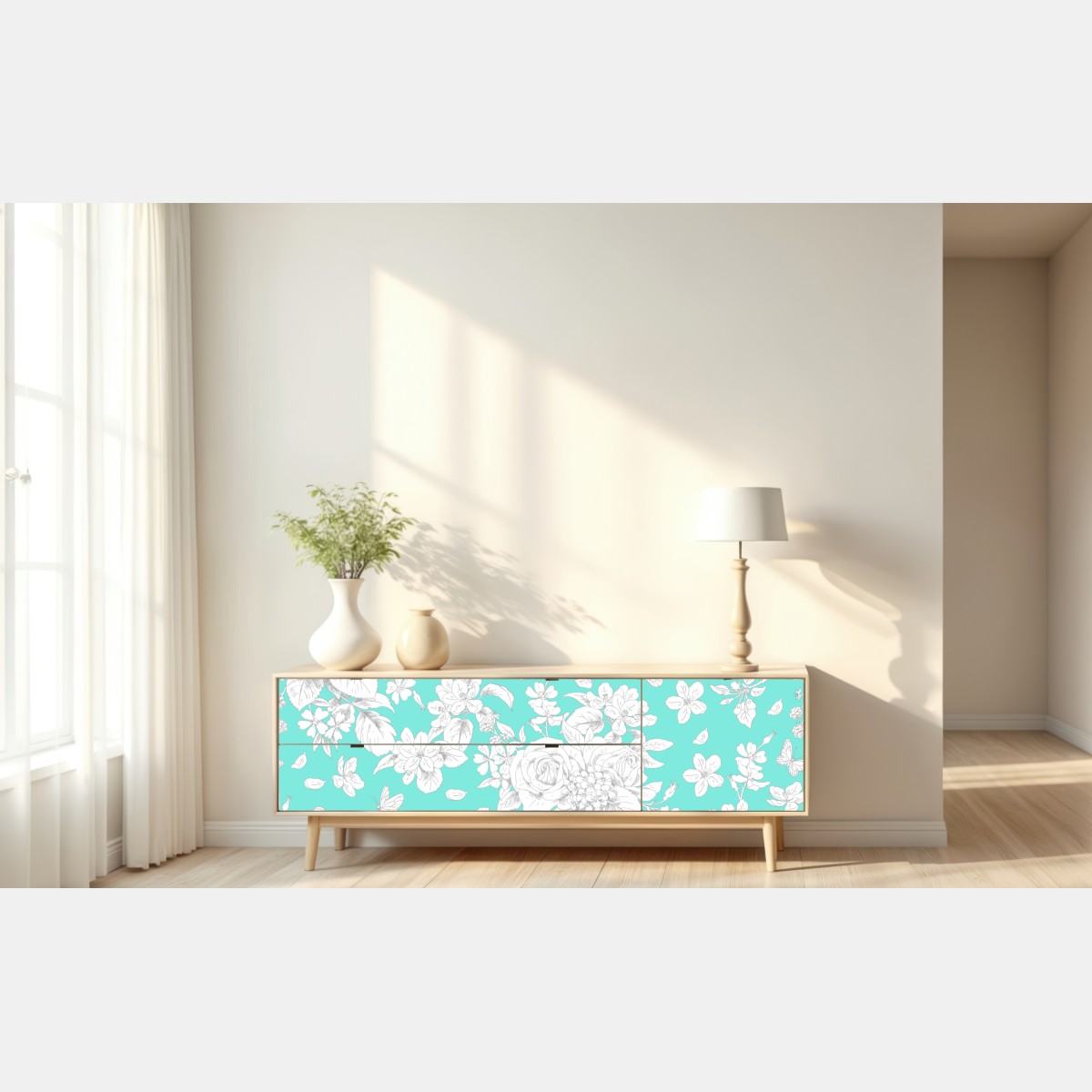 Naklejka repozycjonowalna turkusowy wzór botaniczny z kwiatami – Wallissimo® Naklejka repozycjonowalna turkusowy wzór botaniczny z kwiatami – Wallissimo®