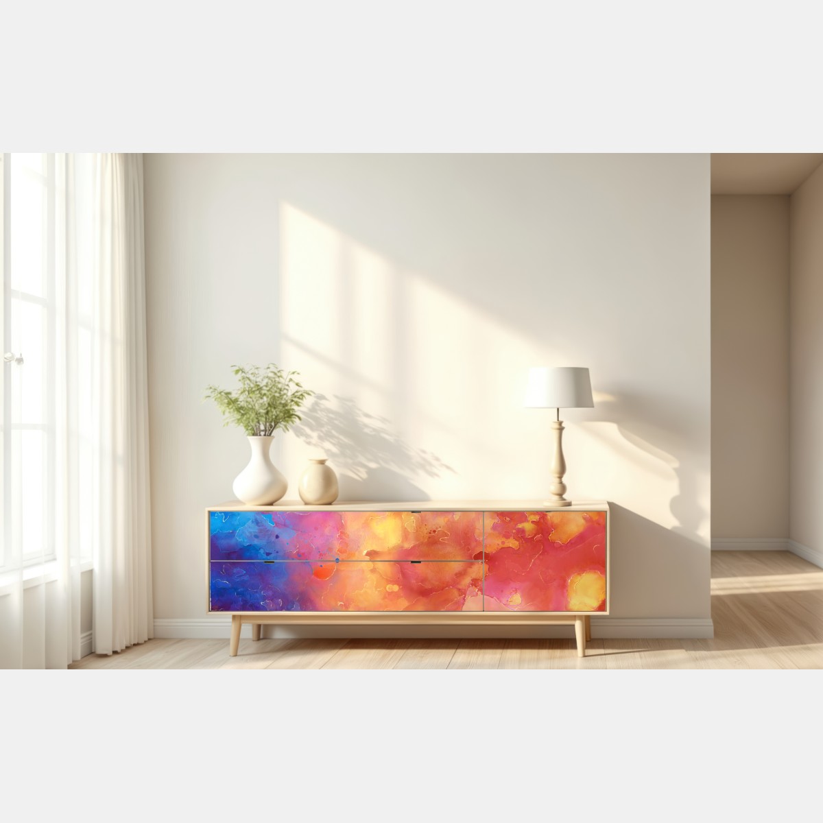 Naklejka repozycjonowalna żywa akwarelowa abstrakcja w ciepłych barwach – Wallissimo® Naklejka repozycjonowalna żywa akwarelowa abstrakcja w ciepłych barwach – Wallissimo®