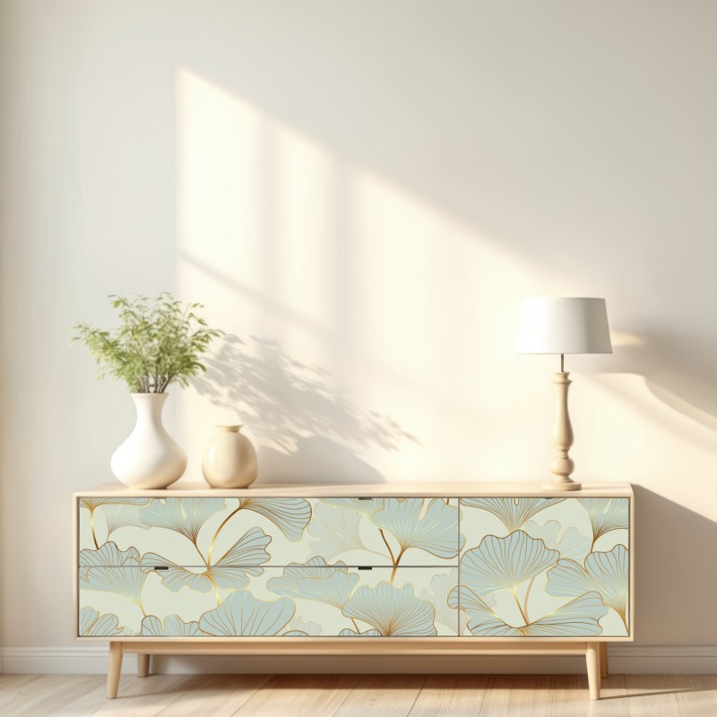 Naklejka repozycjonowalna pastelowy wzór liści miłorzębu ze złotymi akcentami – Wallissimo® Naklejka repozycjonowalna pastelowy wzór liści miłorzębu ze złotymi akcentami – Wallissimo®