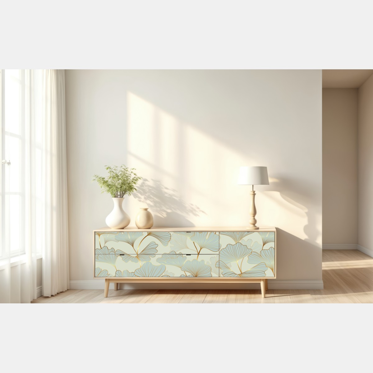 Naklejka repozycjonowalna pastelowy wzór liści miłorzębu ze złotymi akcentami – Wallissimo® Naklejka repozycjonowalna pastelowy wzór liści miłorzębu ze złotymi akcentami – Wallissimo®