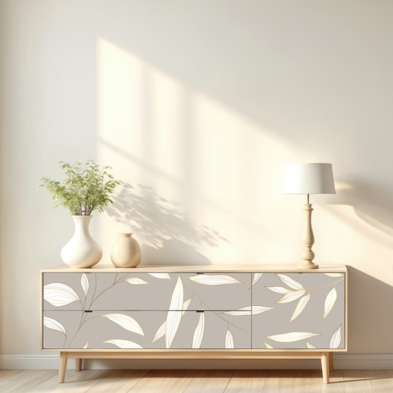 Naklejka repozycjonowalna delikatne liście z złotym obrysem na beżowym tle – Wallissimo® Naklejka repozycjonowalna delikatne liście z złotym obrysem na beżowym tle – Wallissimo®