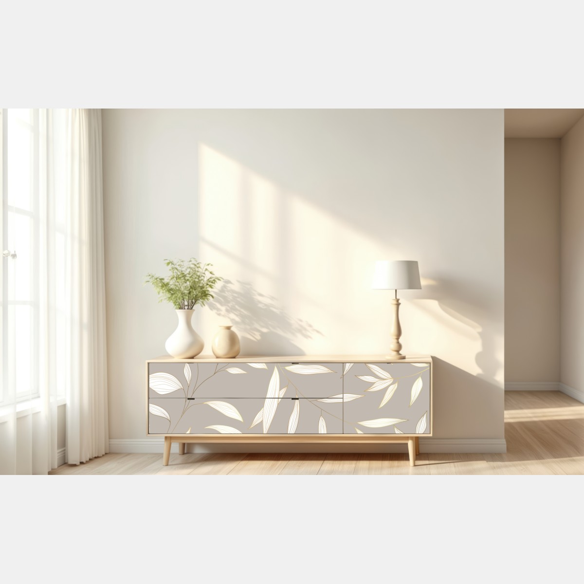 Naklejka repozycjonowalna delikatne liście z złotym obrysem na beżowym tle – Wallissimo® Naklejka repozycjonowalna delikatne liście z złotym obrysem na beżowym tle – Wallissimo®