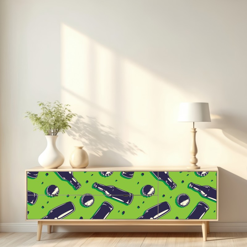 Naklejka repozycjonowalna wzór butelek piwa w stylu pop art na zielonym tle – Wallissimo® Naklejka repozycjonowalna wzór butelek piwa w stylu pop art na zielonym tle – Wallissimo®