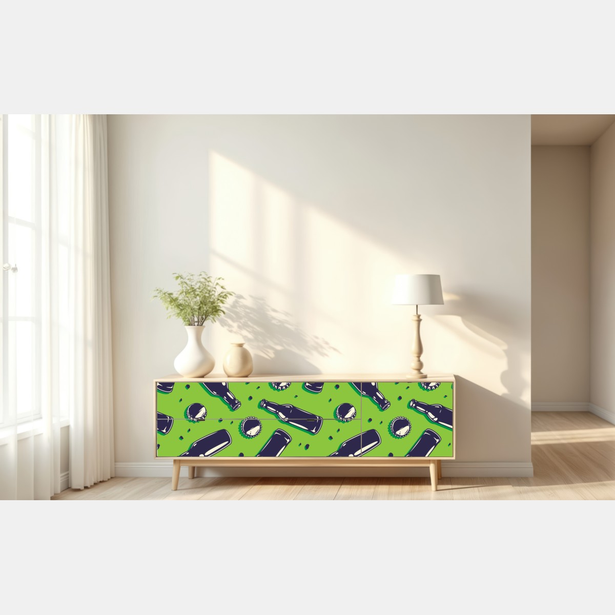 Naklejka repozycjonowalna wzór butelek piwa w stylu pop art na zielonym tle – Wallissimo® Naklejka repozycjonowalna wzór butelek piwa w stylu pop art na zielonym tle – Wallissimo®