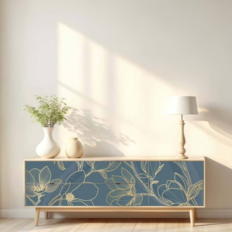 Naklejka repozycjonowalna złota magnolia na turkusowym tle – Wallissimo® Naklejka repozycjonowalna złota magnolia na turkusowym tle – Wallissimo®