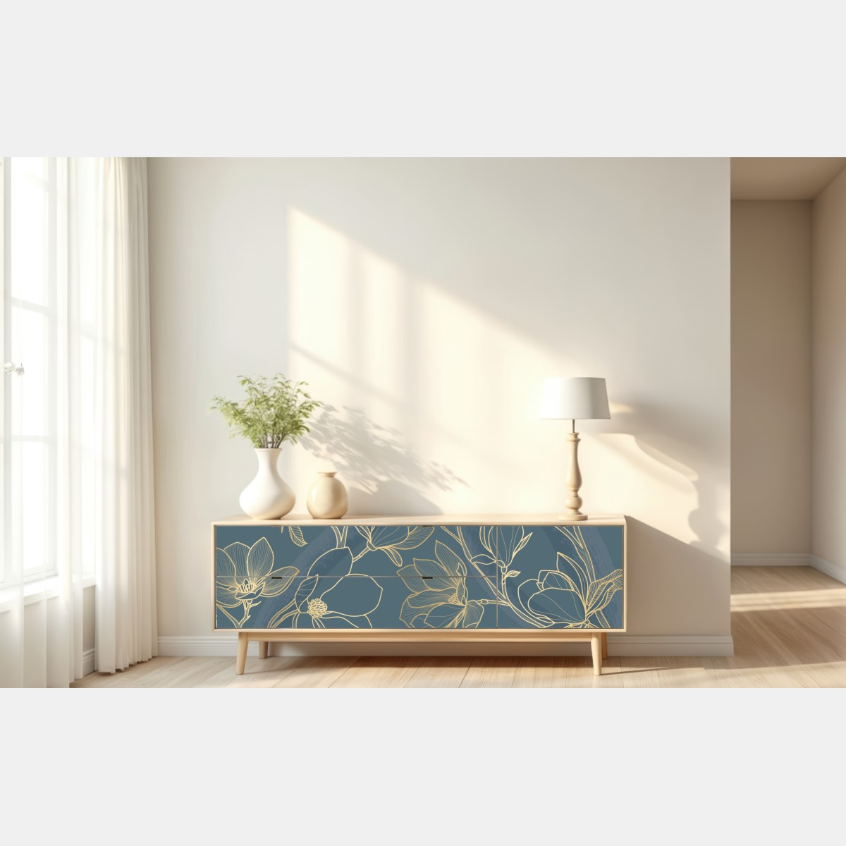 Naklejka repozycjonowalna złota magnolia na turkusowym tle – Wallissimo® Naklejka repozycjonowalna złota magnolia na turkusowym tle – Wallissimo®