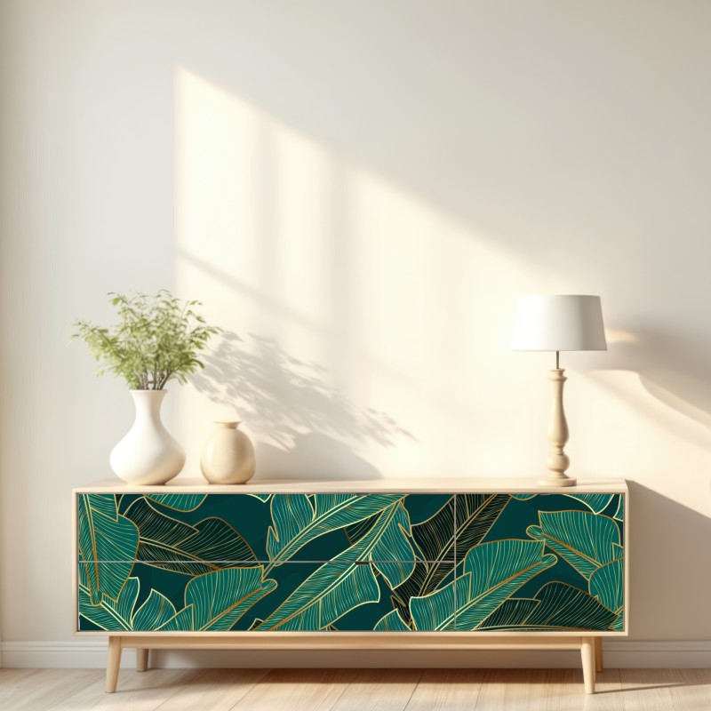 Naklejka repozycjonowalna złote tropikalne liście bananowca – Wallissimo® Naklejka repozycjonowalna złote tropikalne liście bananowca – Wallissimo®