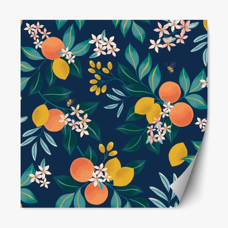 Naklejka repozycjonowalna botaniczny wzór z kwiatami cytrusów na granatowym tle
