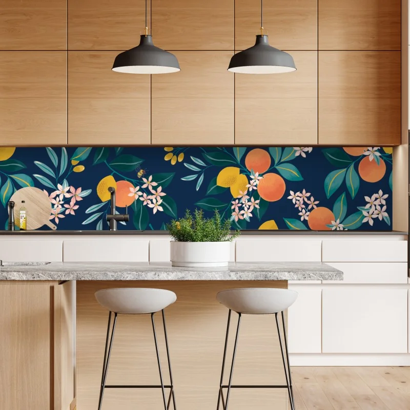 Naklejka repozycjonowalna botaniczny wzór z kwiatami cytrusów na granatowym tle – Wallissimo® Naklejka repozycjonowalna botaniczny wzór z kwiatami cytrusów na granatowym tle – Wallissimo®