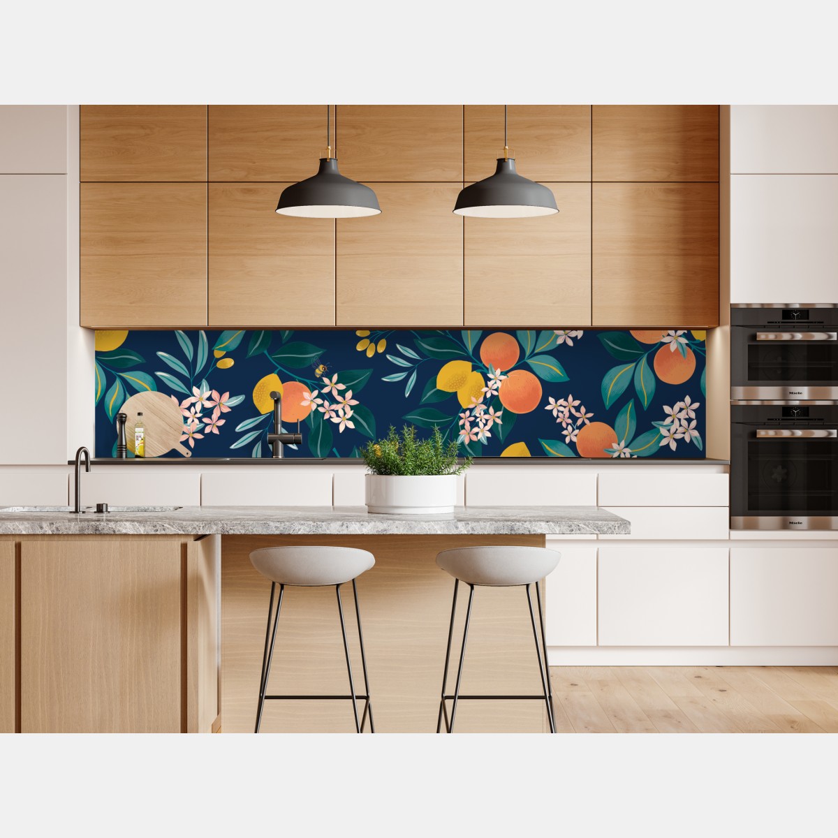 Naklejka repozycjonowalna botaniczny wzór z kwiatami cytrusów na granatowym tle – Wallissimo® Naklejka repozycjonowalna botaniczny wzór z kwiatami cytrusów na granatowym tle – Wallissimo®