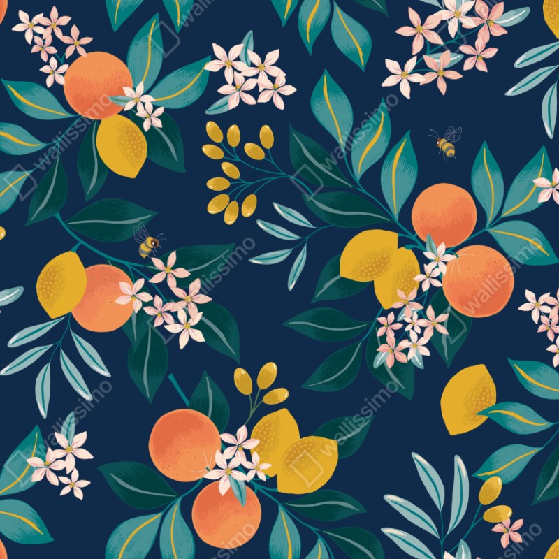 Naklejka repozycjonowalna botaniczny wzór z kwiatami cytrusów na granatowym tle – Wallissimo® Naklejka repozycjonowalna botaniczny wzór z kwiatami cytrusów na granatowym tle – Wallissimo®
