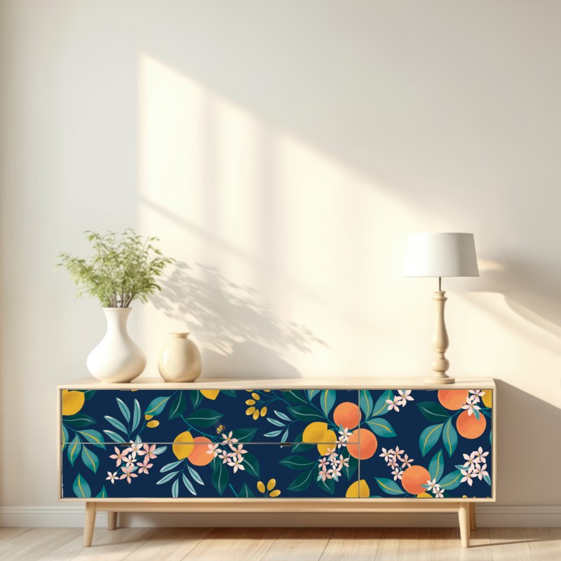 Naklejka repozycjonowalna botaniczny wzór z kwiatami cytrusów na granatowym tle – Wallissimo® Naklejka repozycjonowalna botaniczny wzór z kwiatami cytrusów na granatowym tle – Wallissimo®