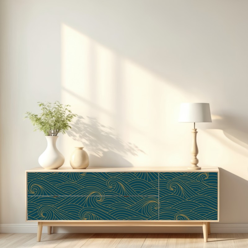Naklejka repozycjonowalna turkusowy wzór fal ze złotymi liniami – Wallissimo® Naklejka repozycjonowalna turkusowy wzór fal ze złotymi liniami – Wallissimo®