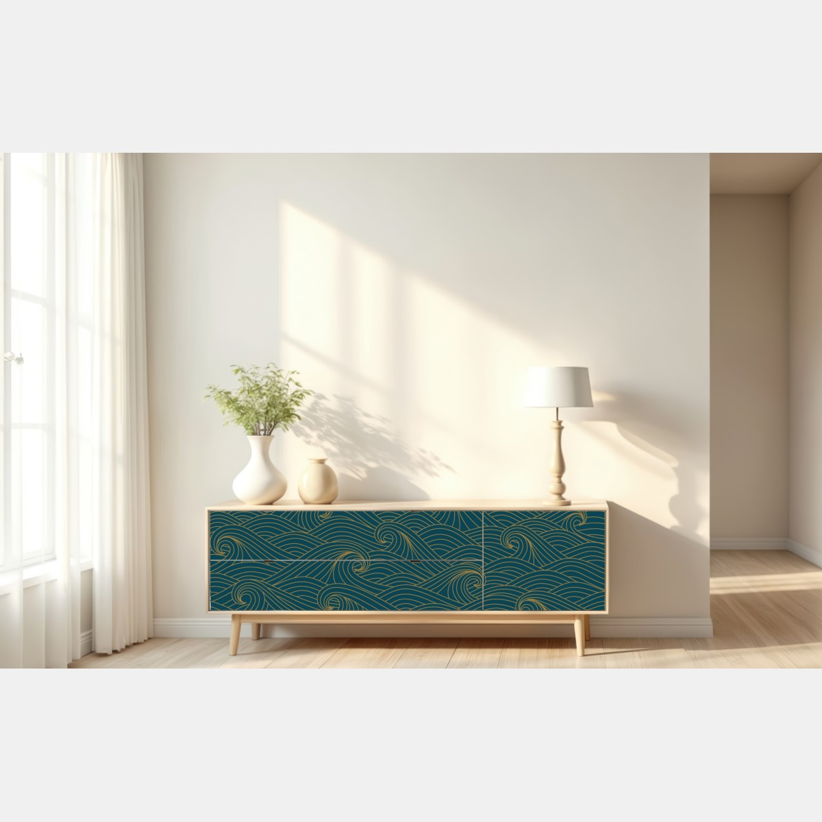 Naklejka repozycjonowalna turkusowy wzór fal ze złotymi liniami – Wallissimo® Naklejka repozycjonowalna turkusowy wzór fal ze złotymi liniami – Wallissimo®