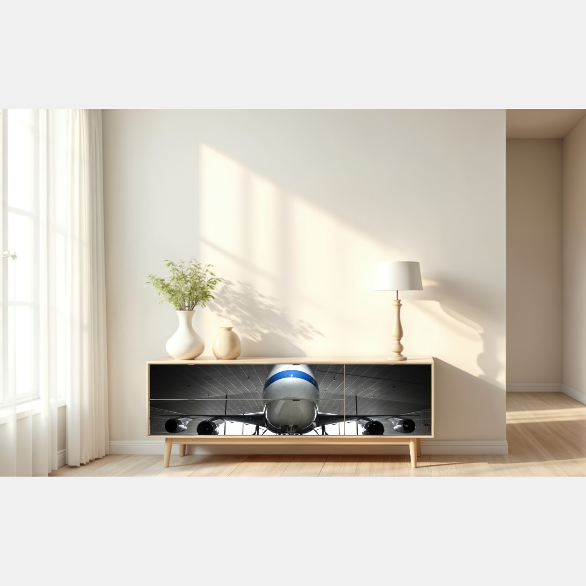 Naklejka repozycjonowalna samolot towarowy w hangarze - widok z przodu – Wallissimo® Naklejka repozycjonowalna samolot towarowy w hangarze - widok z przodu – Wallissimo®