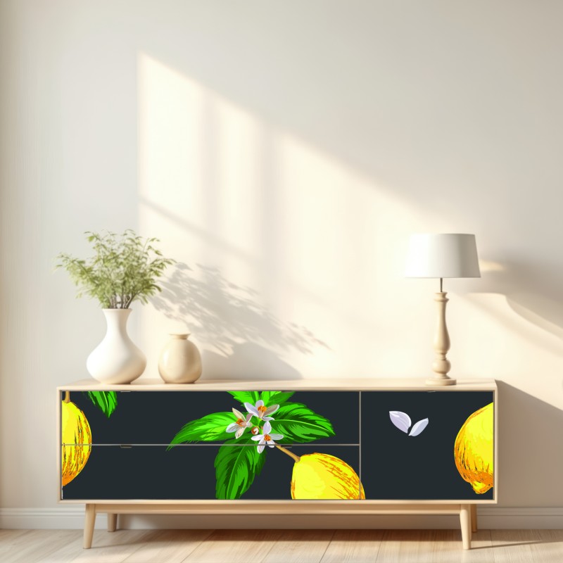 Naklejka repozycjonowalna żywy wzór z cytrynami i liśćmi – Wallissimo® Naklejka repozycjonowalna żywy wzór z cytrynami i liśćmi – Wallissimo®