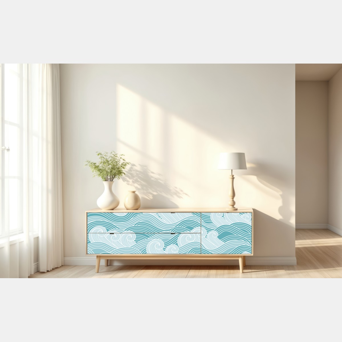 Naklejka repozycjonowalna spokojny turkusowy wzór fal – Wallissimo® Naklejka repozycjonowalna spokojny turkusowy wzór fal – Wallissimo®