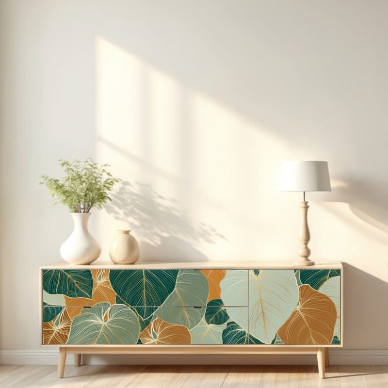 Naklejka repozycjonowalna turkusowy i złoty botaniczny wzór liści – Wallissimo® Naklejka repozycjonowalna turkusowy i złoty botaniczny wzór liści – Wallissimo®