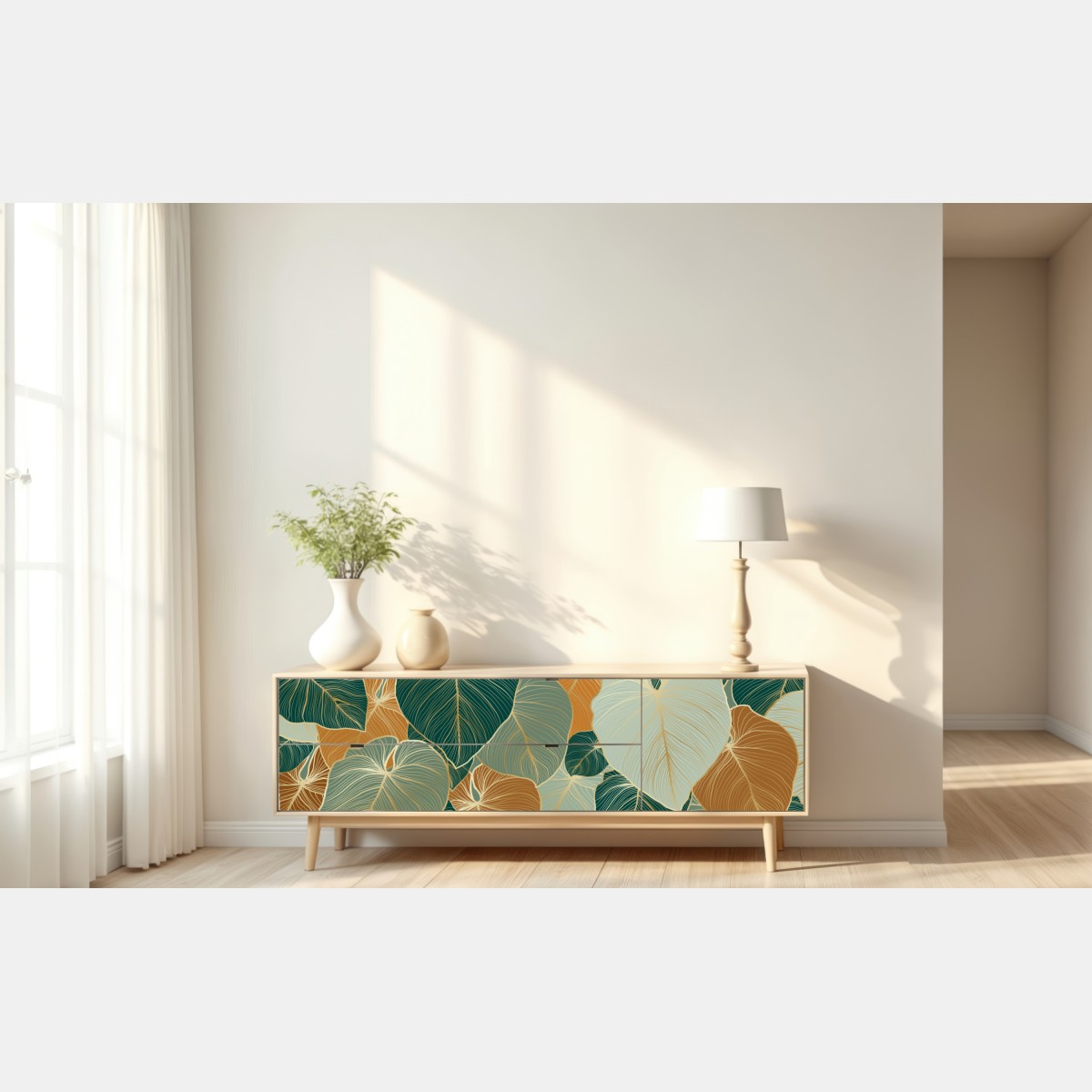 Naklejka repozycjonowalna turkusowy i złoty botaniczny wzór liści – Wallissimo® Naklejka repozycjonowalna turkusowy i złoty botaniczny wzór liści – Wallissimo®