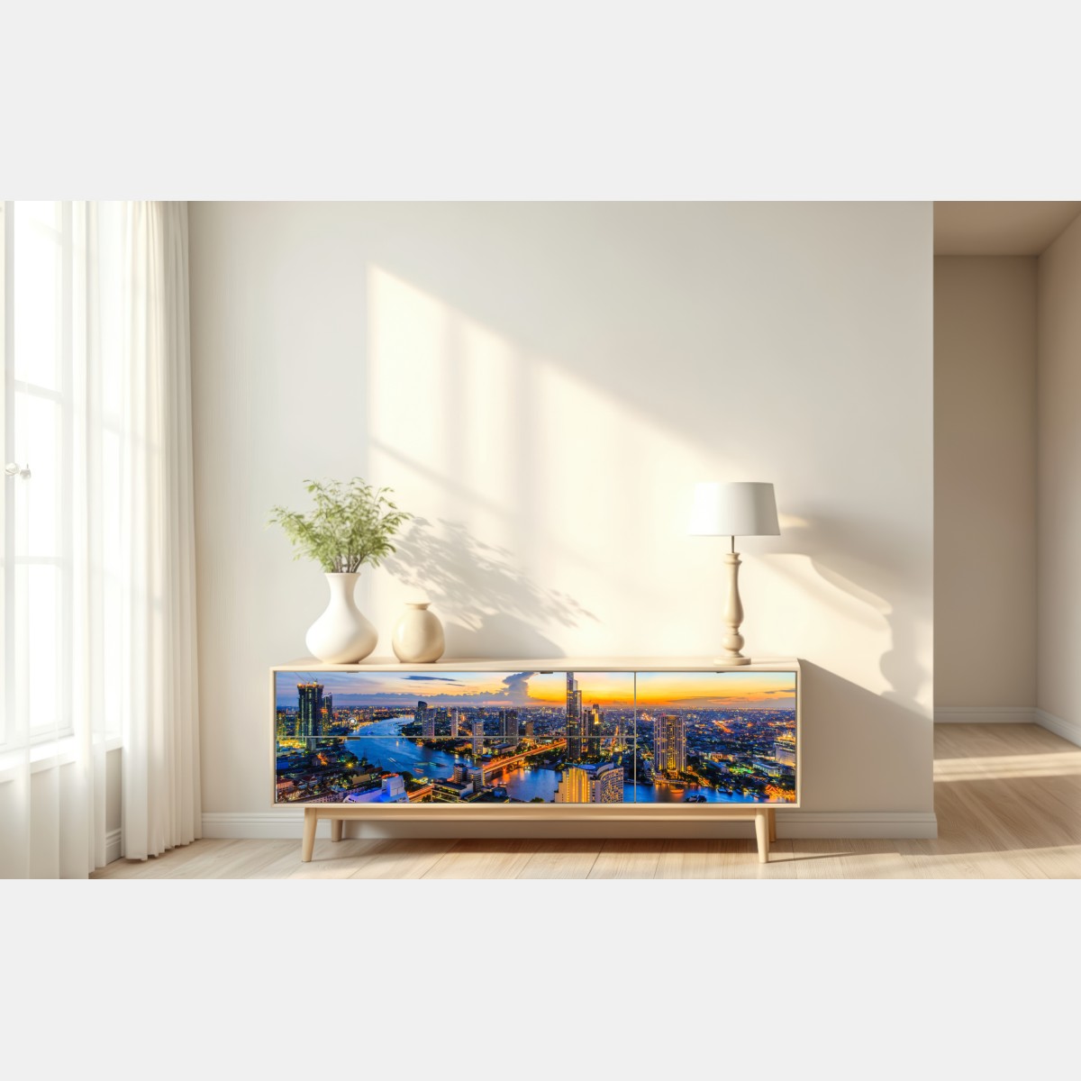 Naklejka repozycjonowalna tętniąca życiem panorama miasta o zmierzchu – Wallissimo® Naklejka repozycjonowalna tętniąca życiem panorama miasta o zmierzchu – Wallissimo®