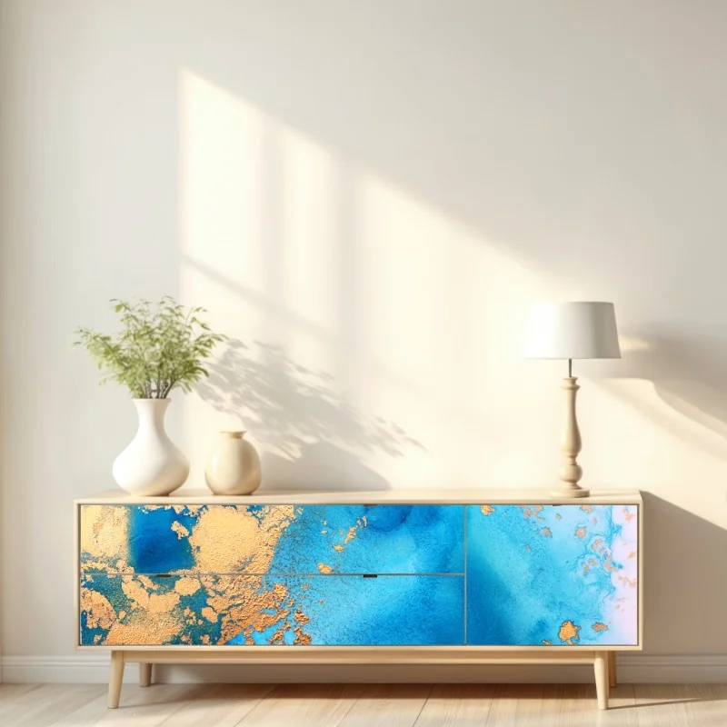 Naklejka repozycjonowalna niebiesko-złota abstrakcyjna tekstura oceanu – Wallissimo® Naklejka repozycjonowalna niebiesko-złota abstrakcyjna tekstura oceanu – Wallissimo®