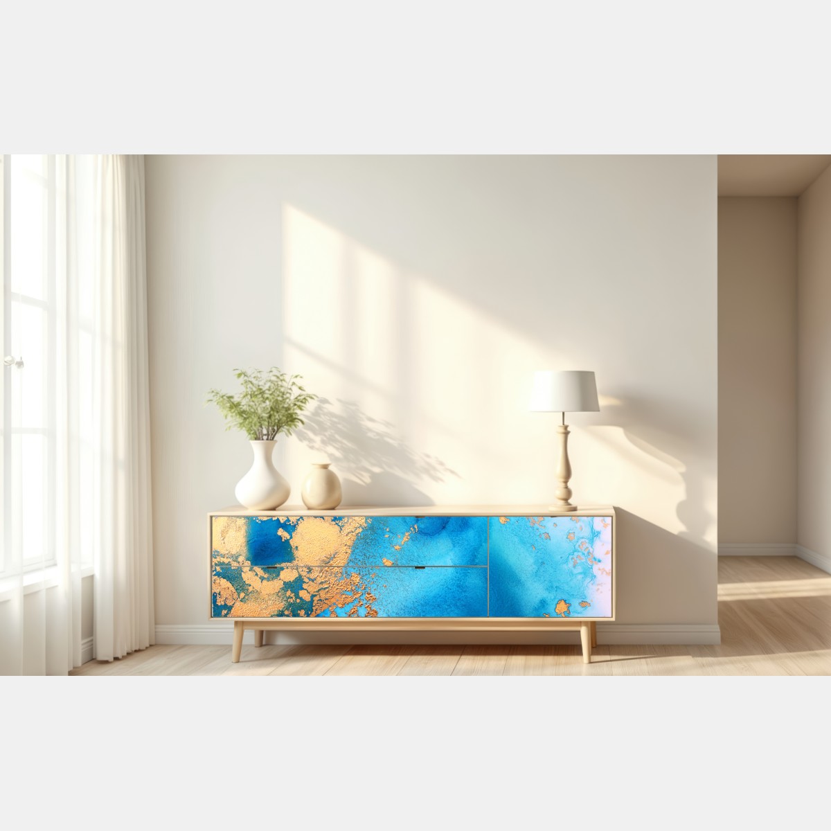 Naklejka repozycjonowalna niebiesko-złota abstrakcyjna tekstura oceanu – Wallissimo® Naklejka repozycjonowalna niebiesko-złota abstrakcyjna tekstura oceanu – Wallissimo®