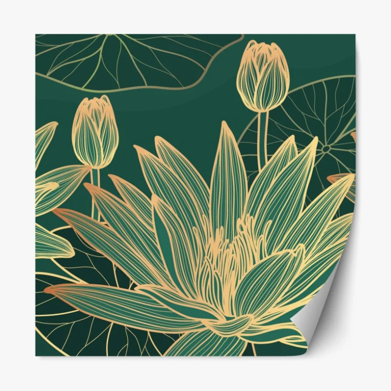 Naklejka repozycjonowalna złote kwiaty lotosu na zielonym tle