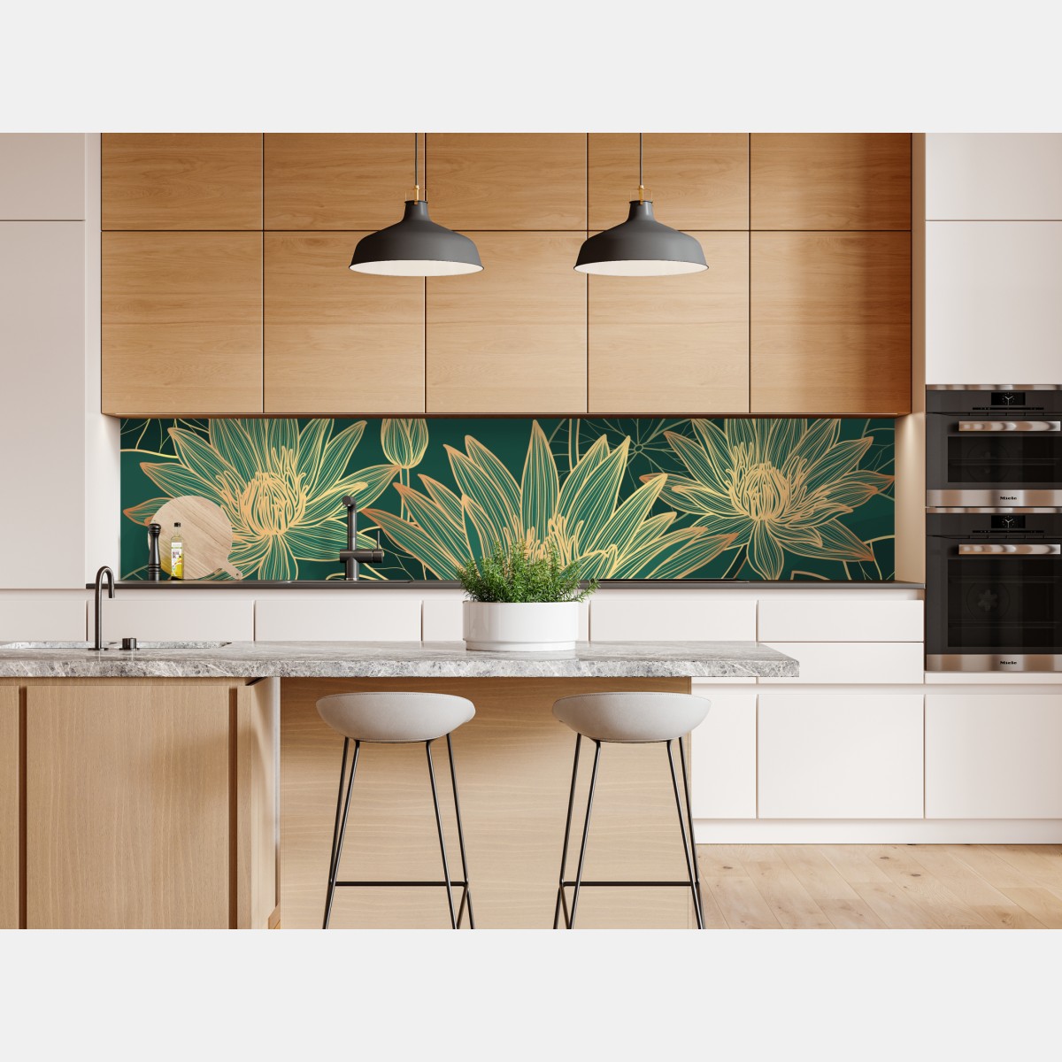 Naklejka repozycjonowalna złote kwiaty lotosu na zielonym tle – Wallissimo® Naklejka repozycjonowalna złote kwiaty lotosu na zielonym tle – Wallissimo®