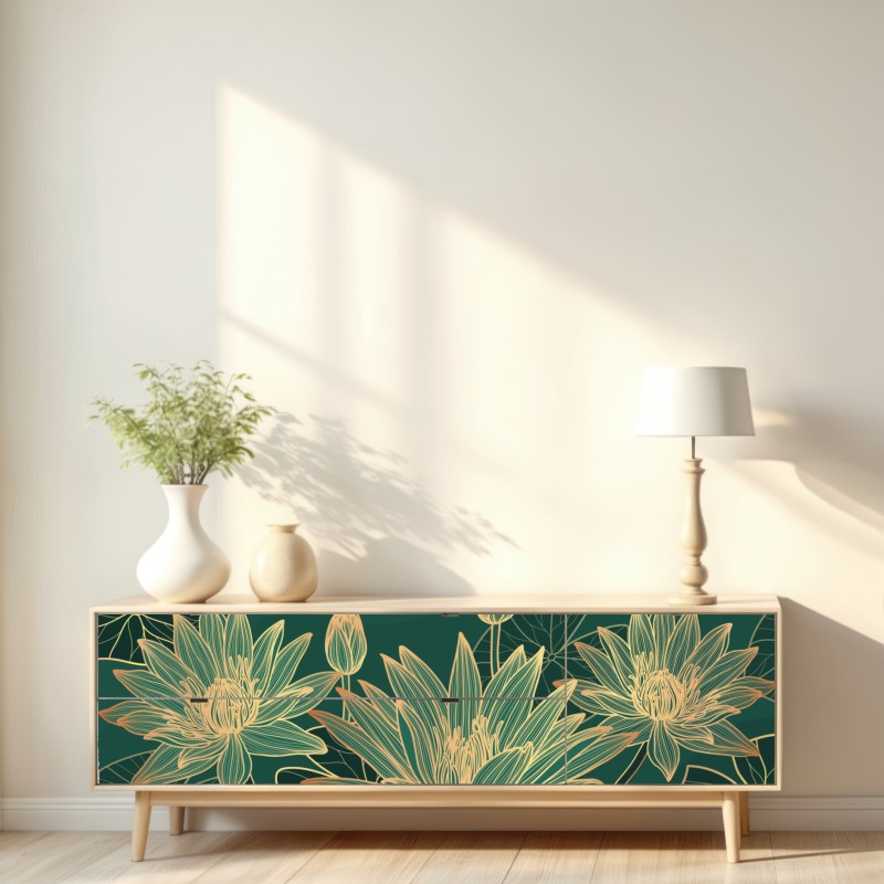 Naklejka repozycjonowalna złote kwiaty lotosu na zielonym tle – Wallissimo® Naklejka repozycjonowalna złote kwiaty lotosu na zielonym tle – Wallissimo®