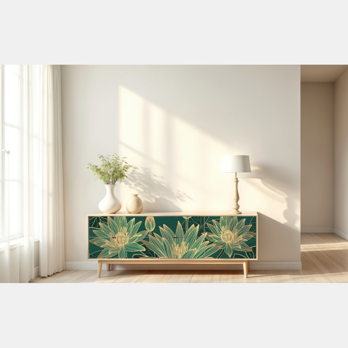 Naklejka repozycjonowalna złote kwiaty lotosu na zielonym tle – Wallissimo® Naklejka repozycjonowalna złote kwiaty lotosu na zielonym tle – Wallissimo®