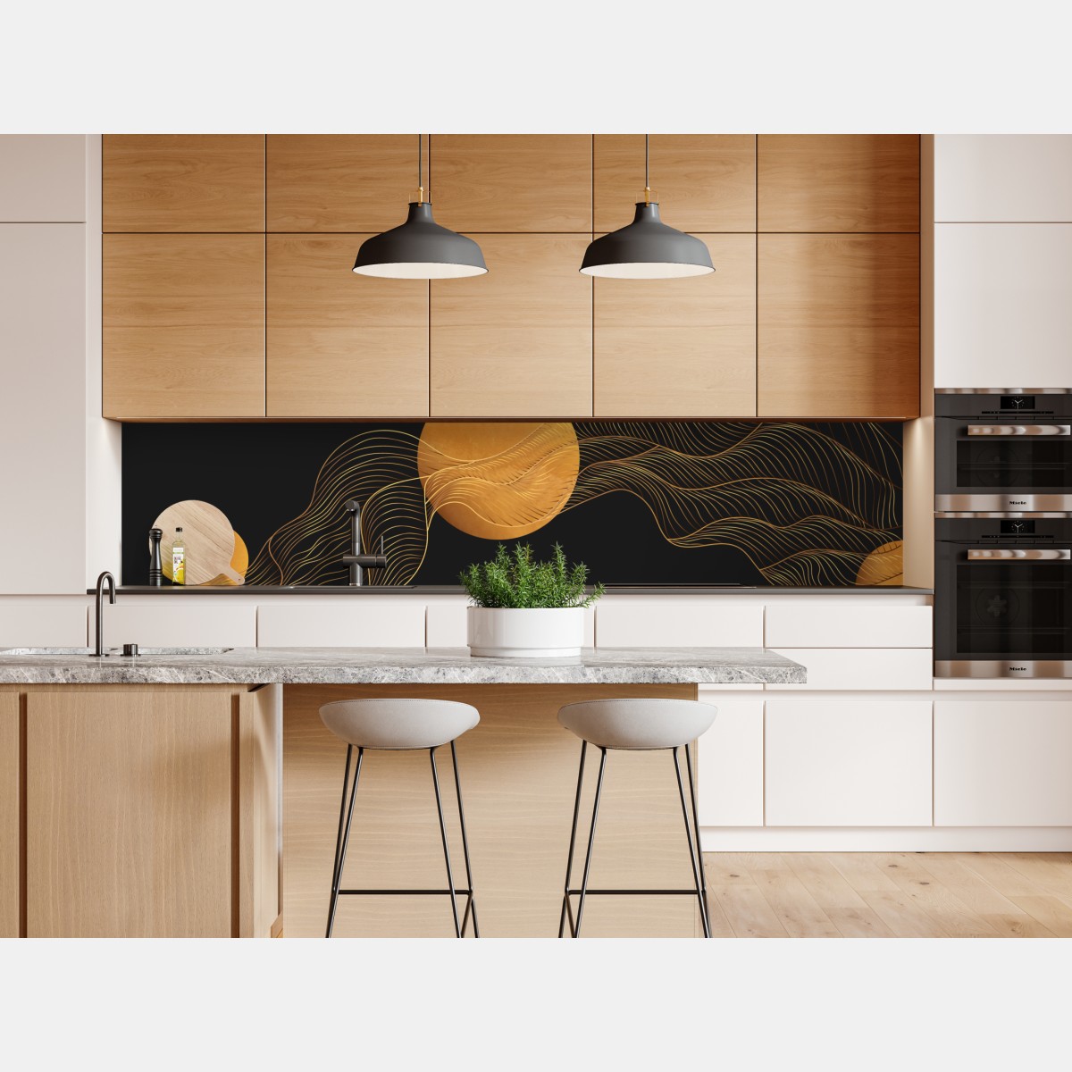 Naklejka repozycjonowalna złote fale na czarnym tle — abstrakcyjna kompozycja – Wallissimo® Naklejka repozycjonowalna złote fale na czarnym tle — abstrakcyjna kompozycja – Wallissimo®