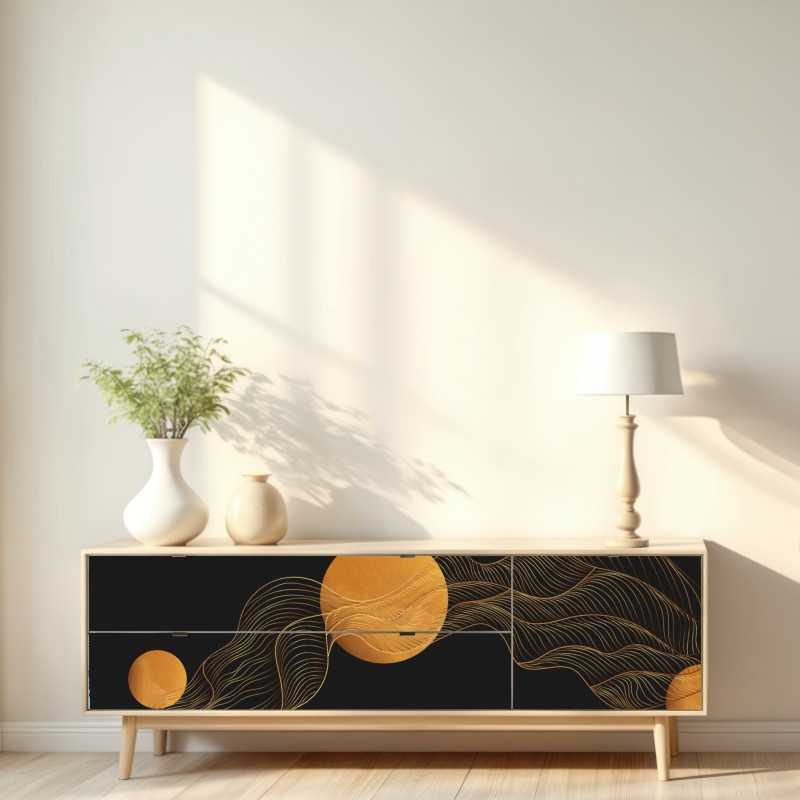 Naklejka repozycjonowalna złote fale na czarnym tle — abstrakcyjna kompozycja – Wallissimo® Naklejka repozycjonowalna złote fale na czarnym tle — abstrakcyjna kompozycja – Wallissimo®