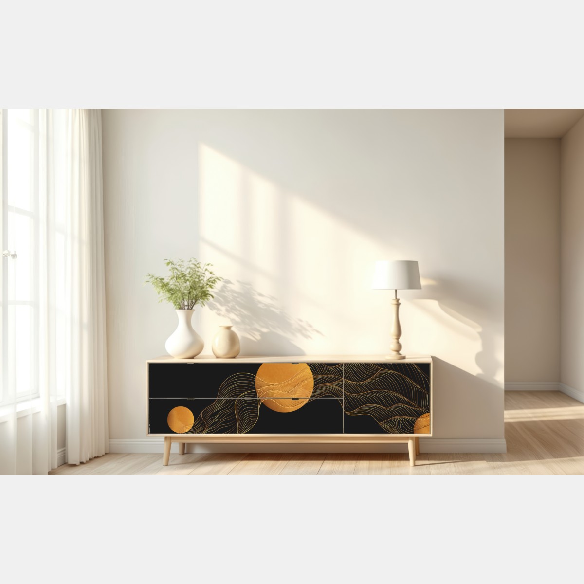 Naklejka repozycjonowalna złote fale na czarnym tle — abstrakcyjna kompozycja – Wallissimo® Naklejka repozycjonowalna złote fale na czarnym tle — abstrakcyjna kompozycja – Wallissimo®